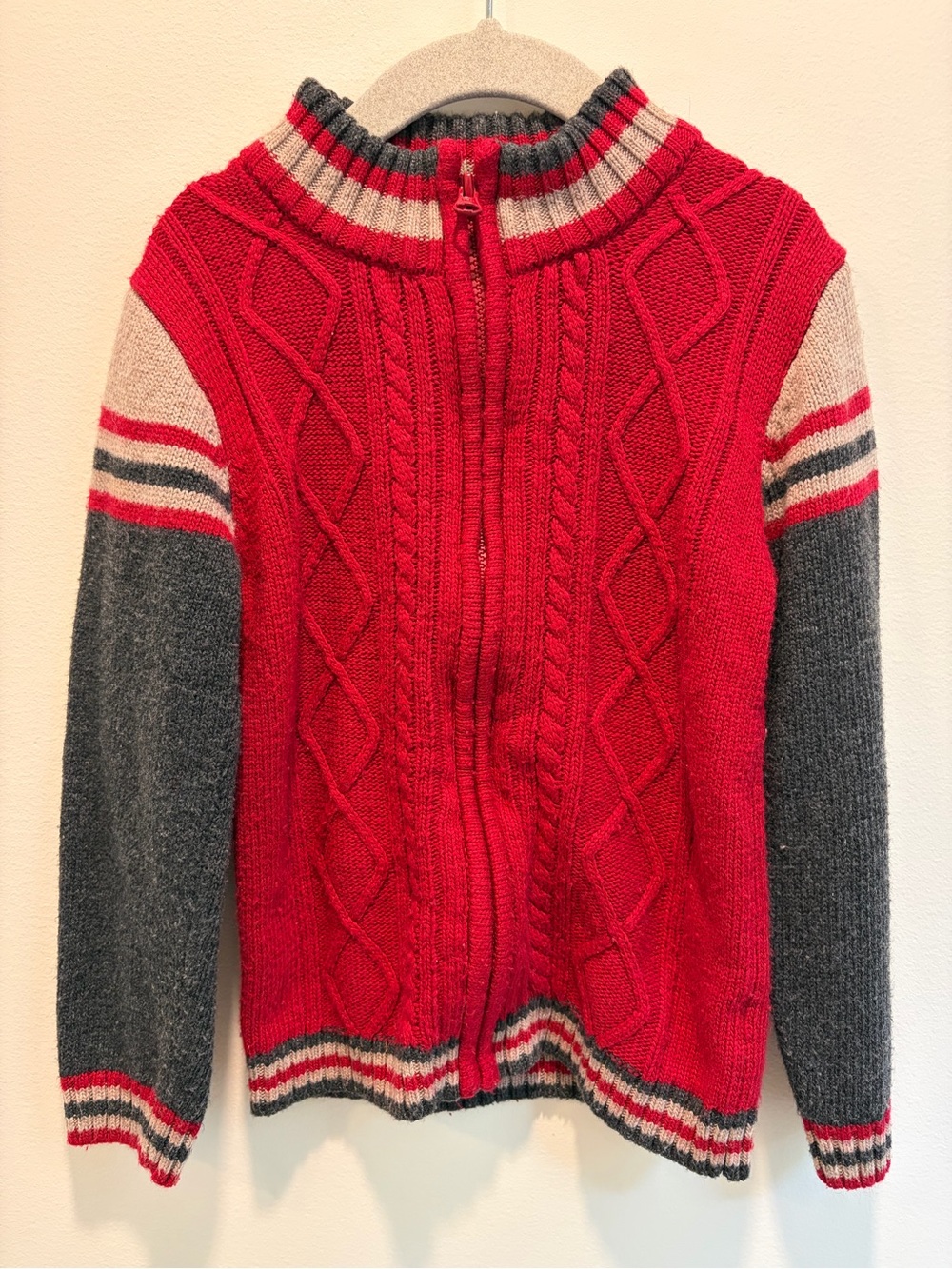 Red Cable-Knit Zip Front Sweater with Contrasting Sleeves